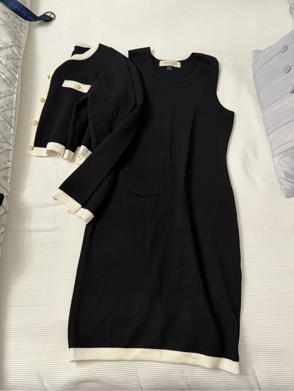 Taylor Black Sleeveless Shift Dress with Cream-Trim Jacket